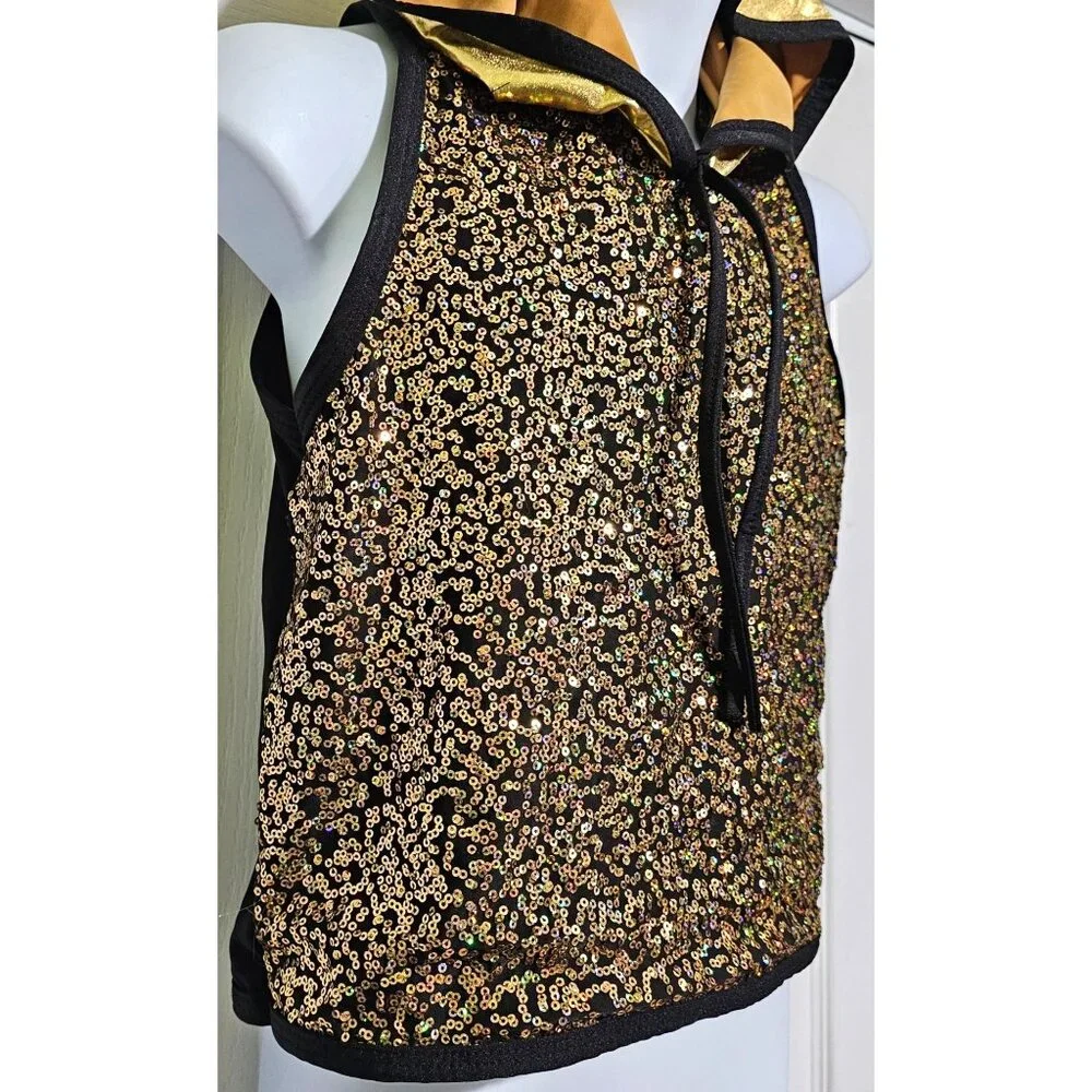 A Wish Come True Gold Sequin Sleeveless Dance Hoodie Jazz Hip Hop Performance LG